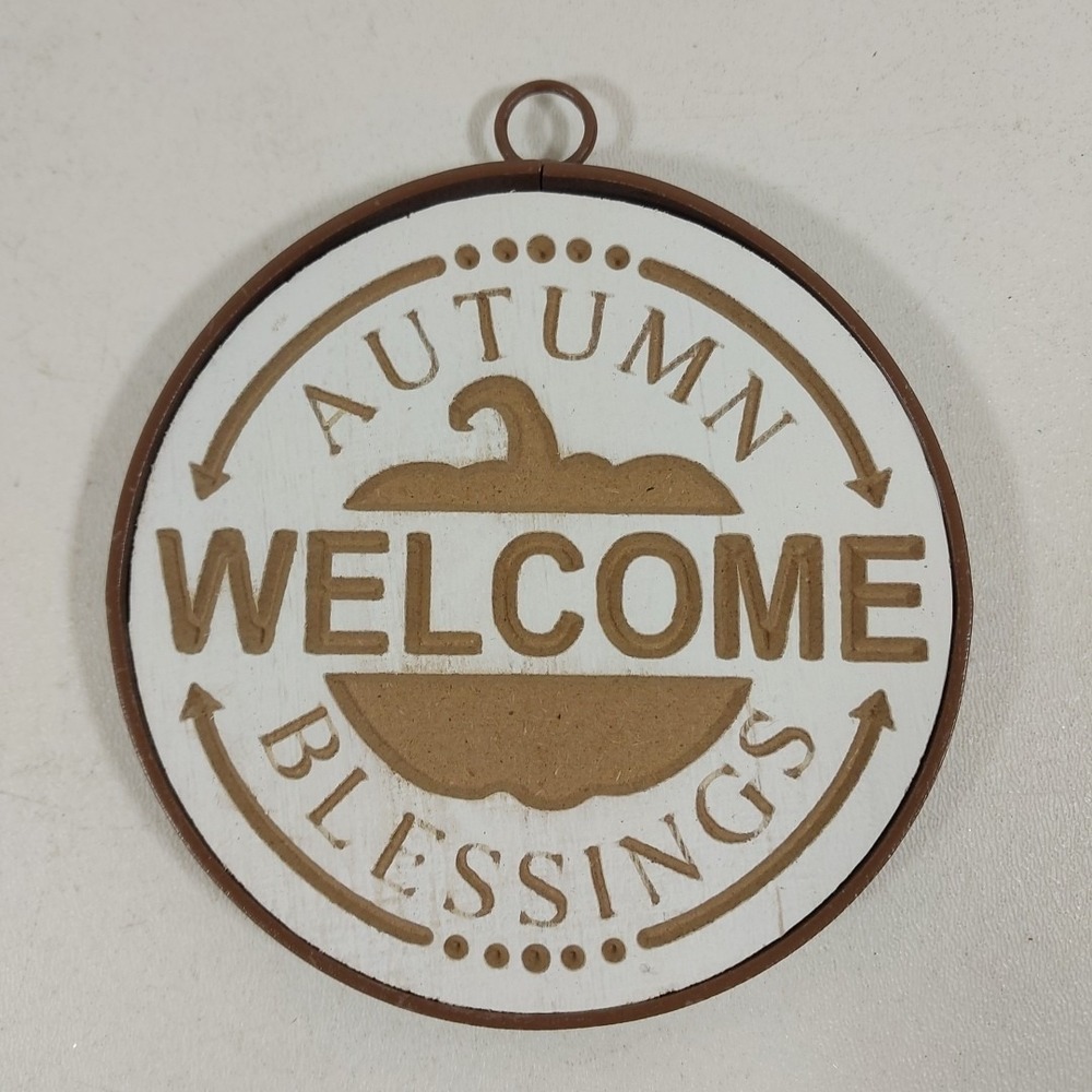 Autumn Welcome Blessings SIGN Wall Door Plaque Fall Decor 4.5"‎ Metal Trim Hang